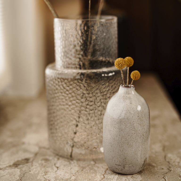 Einzelne Trommelstockblumen in einer großen Glas- und einer kleineren, getöpferten, weißen Vase (Symbol für Anpassungsstörungen)